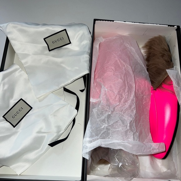 NIB Men’s GUCCI Princetown Mules Fur Lined Leather Slipper Fuchsia Pink Size 9 - Picture 2 of 9